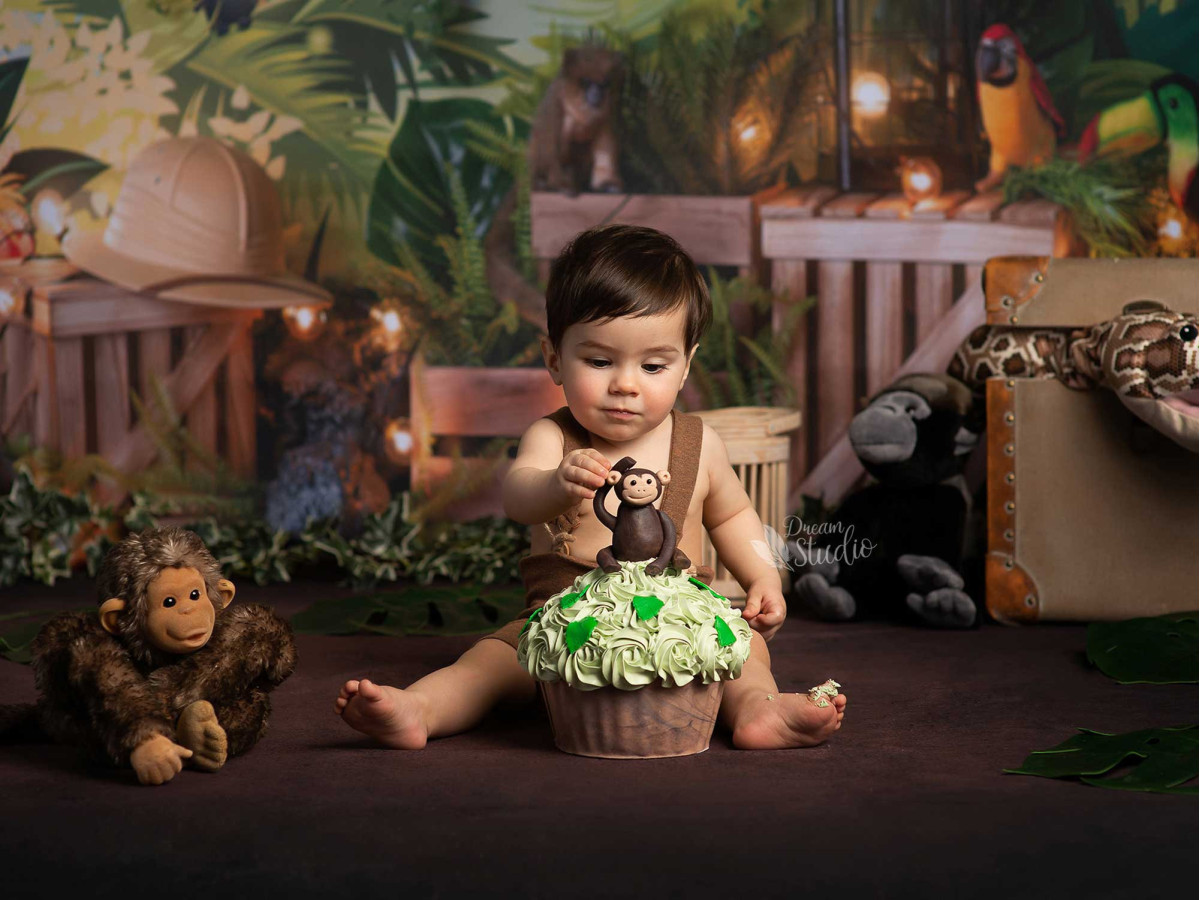 Fondo fotográfico de bebé y smash cake Explorator – decorado jungla explorador con lianas y cajas | Colors&Drops