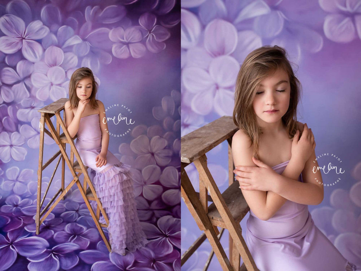 Fond photo grossesse et portrait Cheryl – fleurs roses et mauves en cadre | Colors&Drops