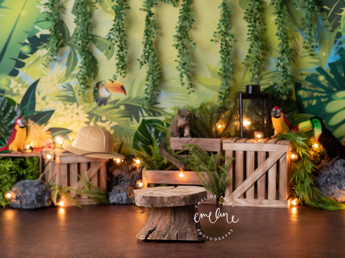 Fondo fotográfico de bebé y smash cake Explorator – decorado jungla explorador con lianas y cajas | Colors&Drops