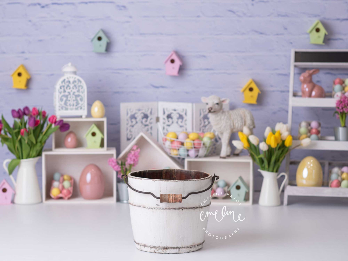 Fond photo Easter Sheep – décor de Pâques avec tulipes, œufs et nichoirs | Colors&Drops