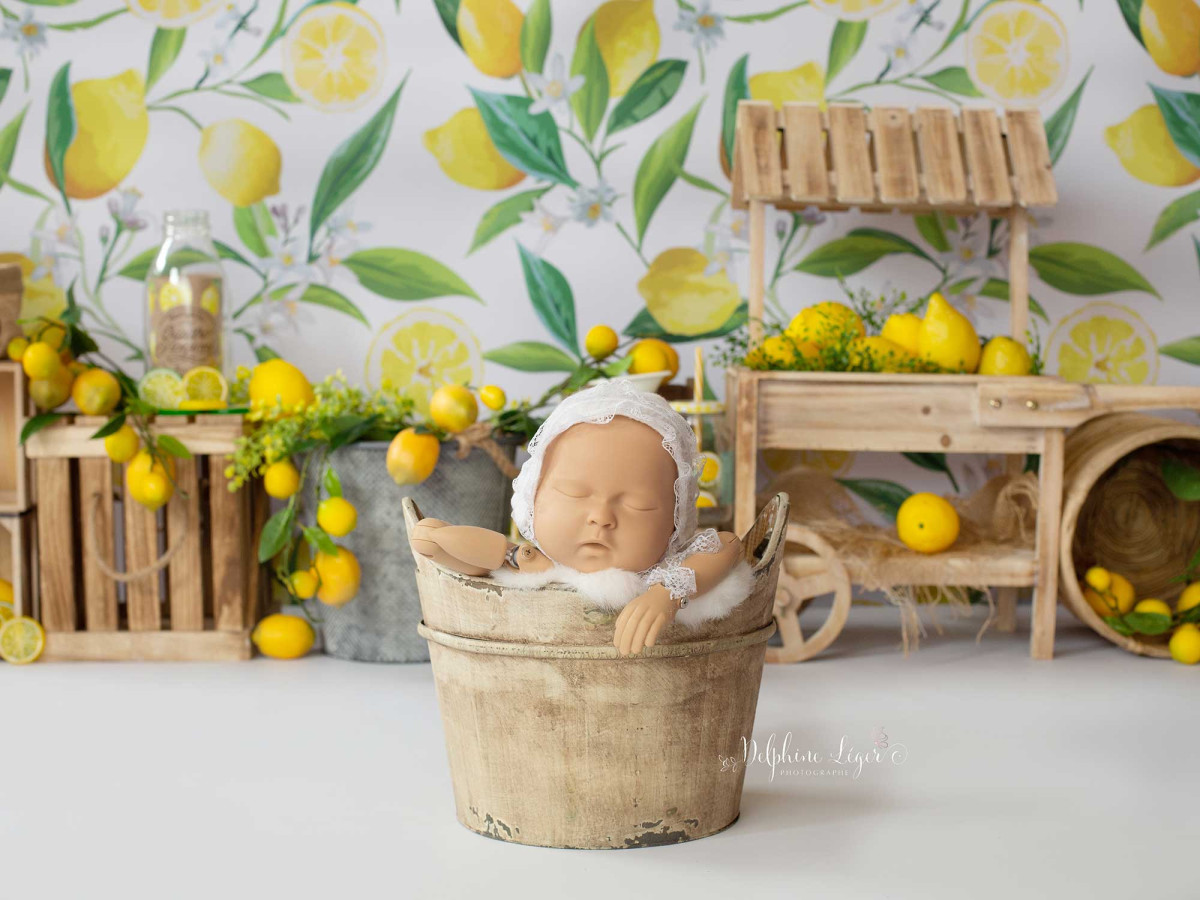 Baby & cake smash photo backdrop Limonade – lemonade stand with lemons and wooden crates | Colors&Drops