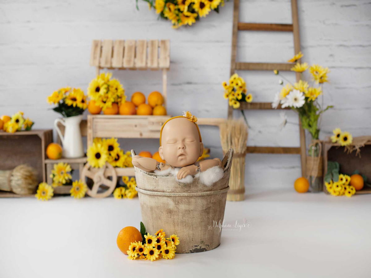 Fond photo bébé et smash cake Sunflowers – décor tournesols avec échelle et caisses en bois | Colors&Drops