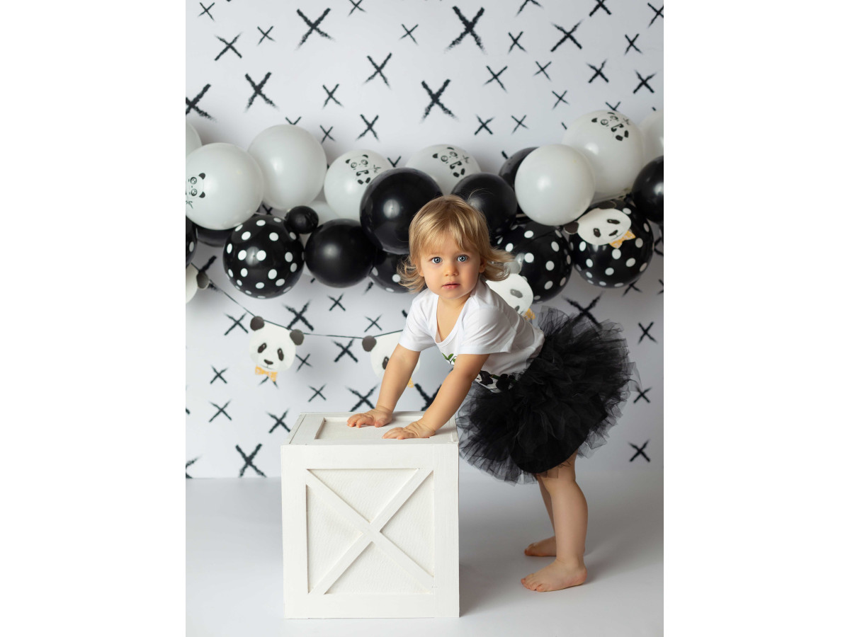 Fondo fotográfico de bebé y smash cake Pandy – guirnalda de globos blancos y negros con pandas | Colors&Drops