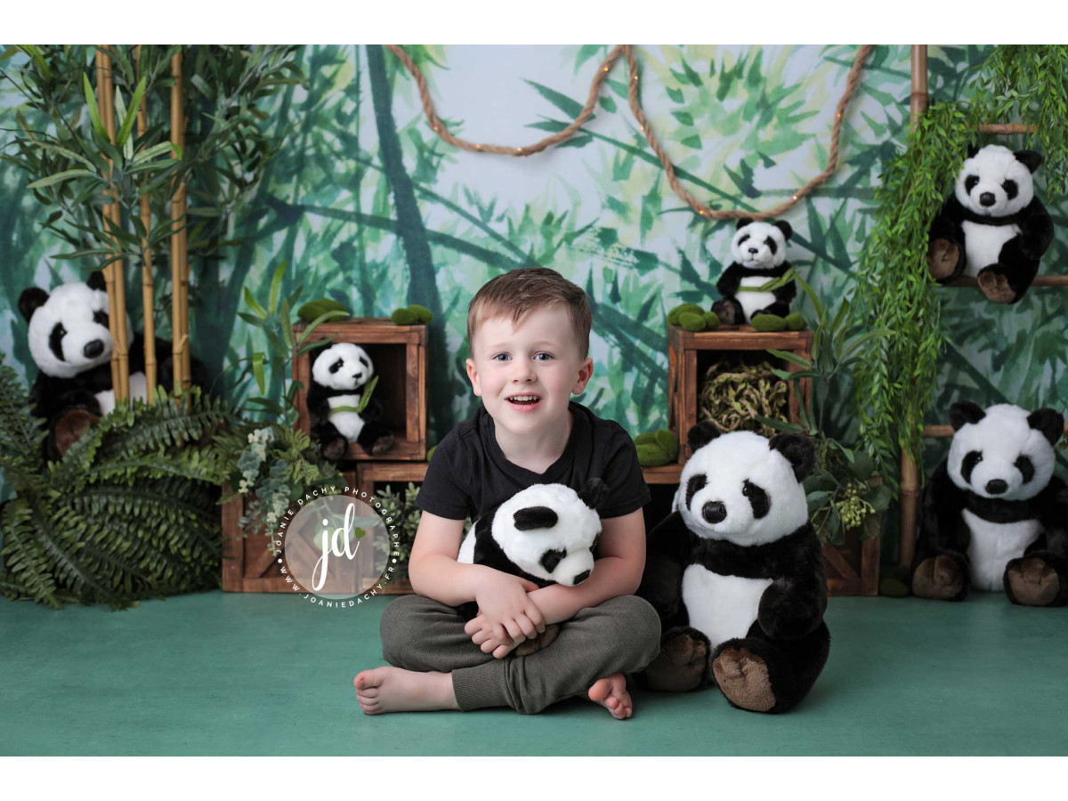 Fondo fotográfico de bebé y smash cake Panda – bosque de bambú con pandas y cajas | Colors&Drops