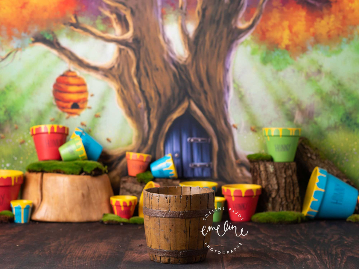 Fondo fotográfico de bebé y smash cake The Pooh – árbol hueco con tarros de miel coloridos | Colors&Drops