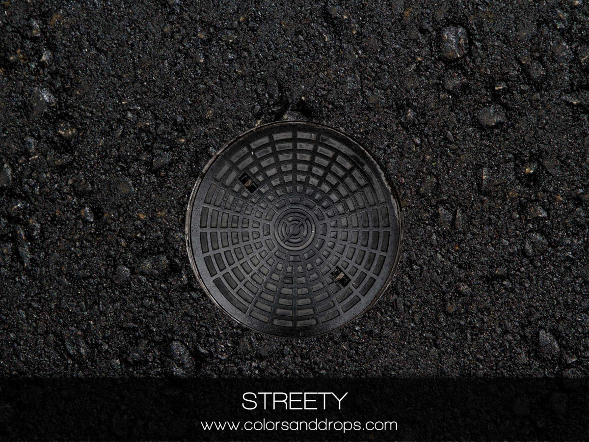 Photo backdrop & floor Streety – black asphalt with manhole cover | Colors&Drops