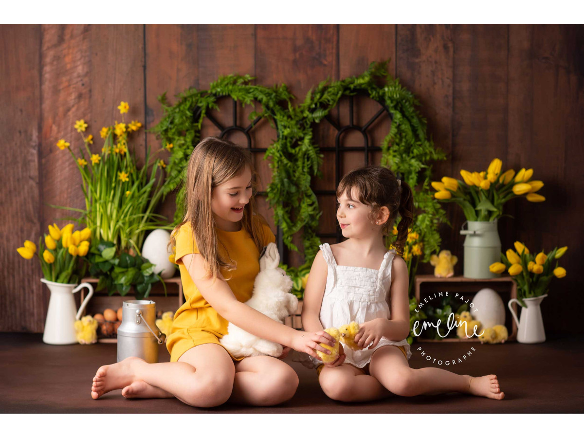 Fond photo bébé et smash cake Tulips – fenêtres en fer forgé avec tulipes jaunes et œufs | Colors&Drops