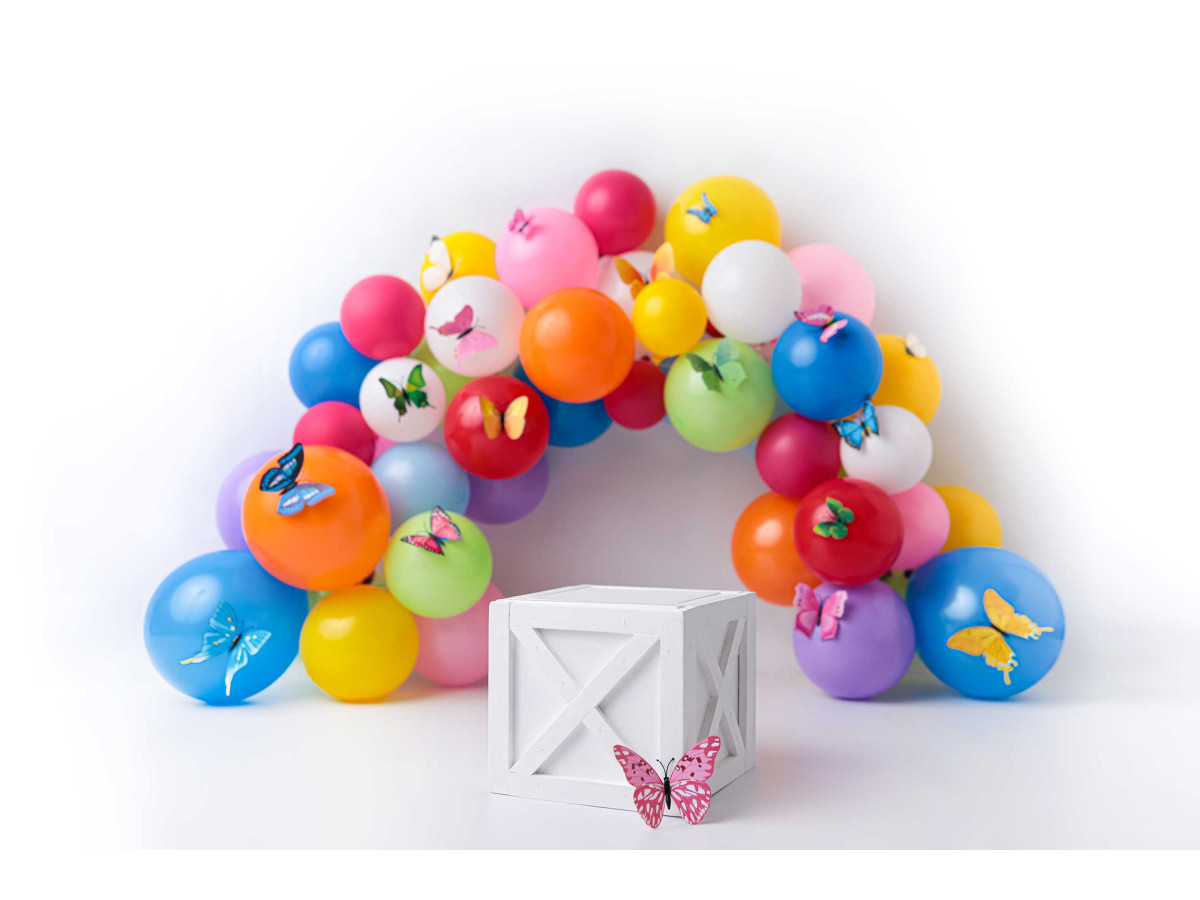 Baby & cake smash photo backdrop Papillons – multicoloured balloon arch with butterflies | Colors&Drops