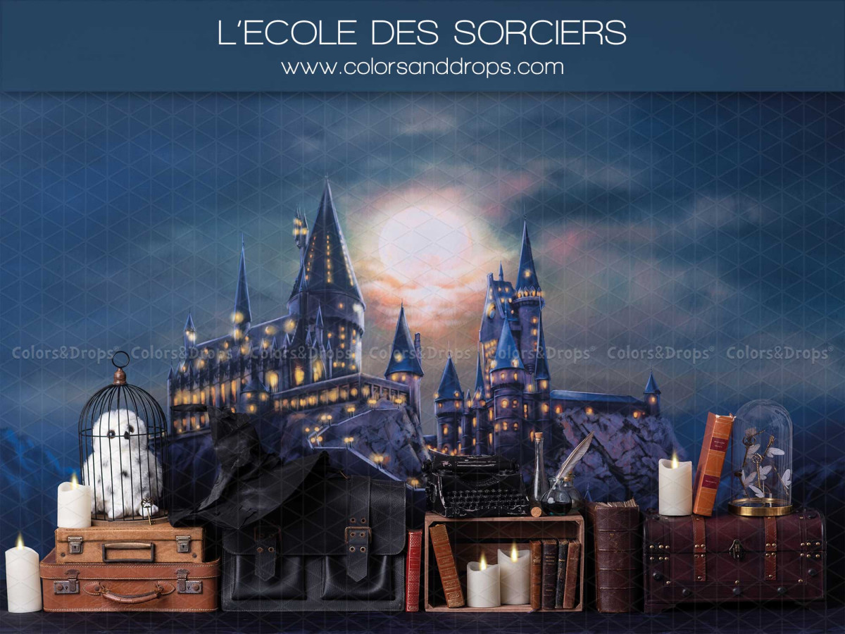 Fond photo bébé et smash cake L'Ecole des Sorciers – école de sorciers avec château et valises | Colors&Drops