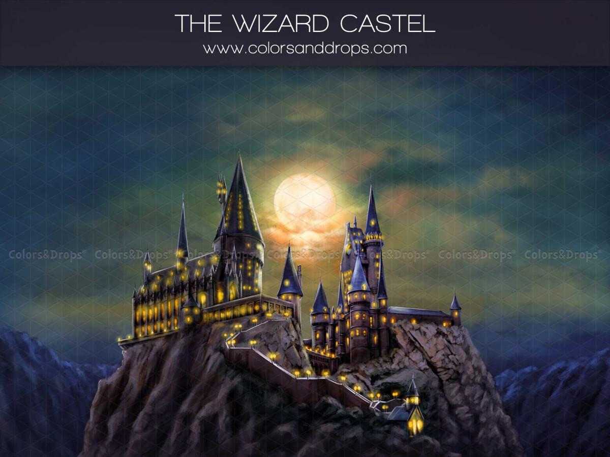 Fondo fotográfico de bebé y smash cake The Wizard Castel – castillo de mago sobre una roca bajo la luna llena | Colors&Drops