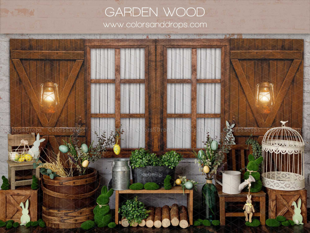 Fondo fotográfico de bebé y smash cake Garden Wood – fachada de madera con ventanas, apliques y jardín | Colors&Drops
