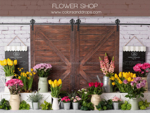 Fondo fotográfico de bebé y smash cake Flower Shop – floristería con puerta corredera de madera | Colors&Drops