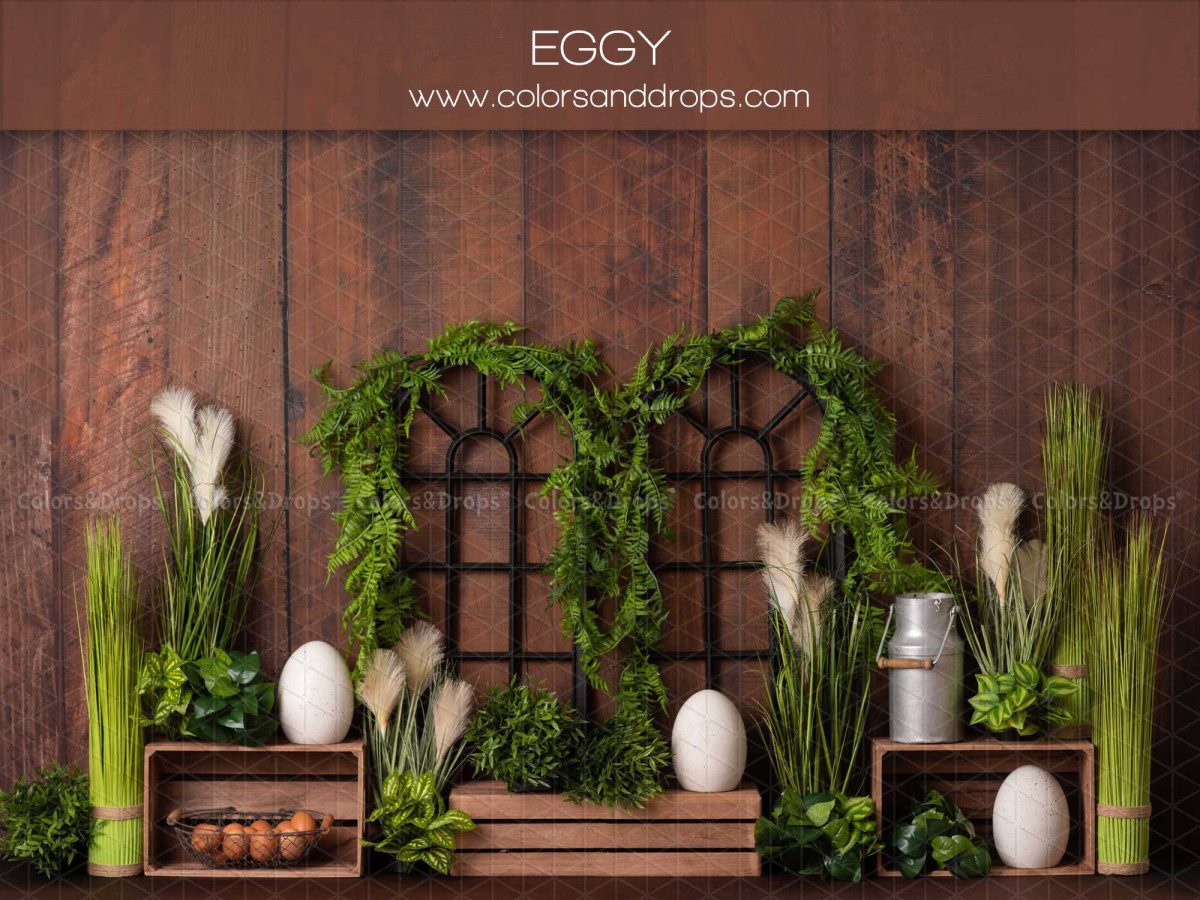 Fondo fotográfico de bebé y smash cake Eggy – ventanas de hierro forjado con plantas y huevos | Colors&Drops
