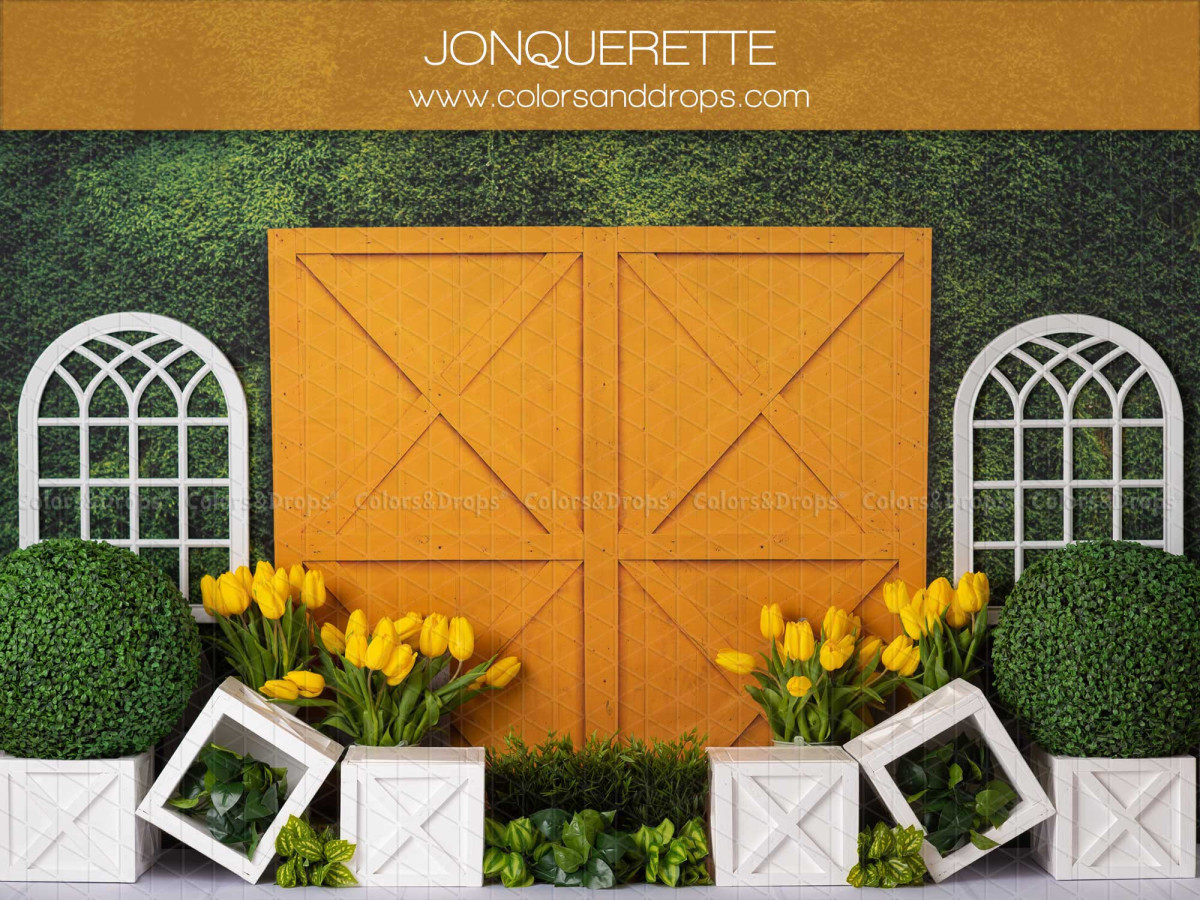Baby & cake smash photo backdrop Jonquerette – yellow barn door with tulips and white windows | Colors&Drops