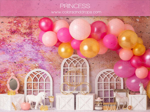 Fondo fotográfico de bebé y smash cake Princess – arco de globos rosas y dorados con ventanas blancas | Colors&Drops