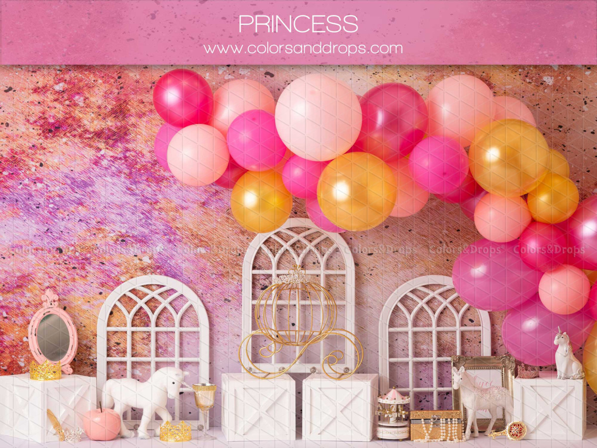 Baby & cake smash photo backdrop Princess – pink and gold balloon arch with white windows | Colors&Drops