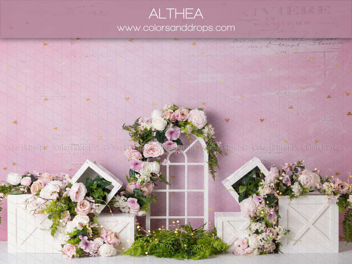 Baby & cake smash photo backdrop Althea – white window with flowered cubes on pink wall | Colors&Drops