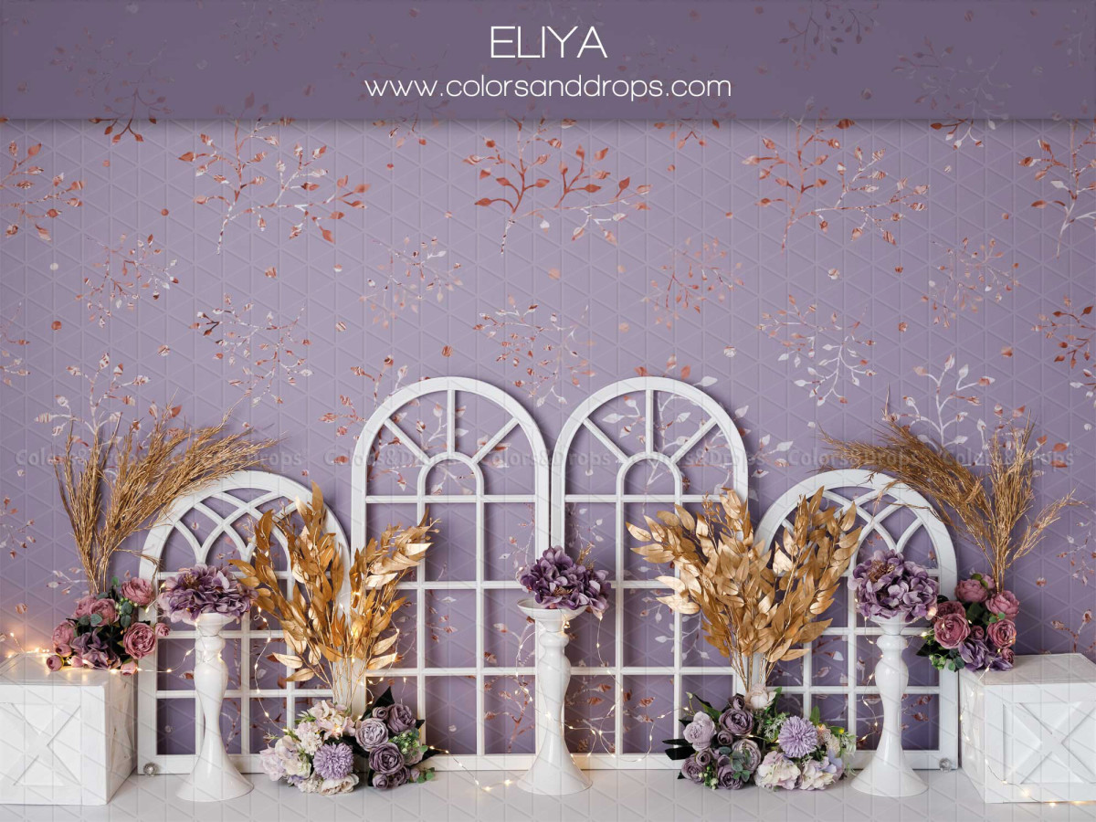 Fondo fotográfico de bebé y smash cake Eliya – ventanas en arco blancas con hierbas doradas | Colors&Drops