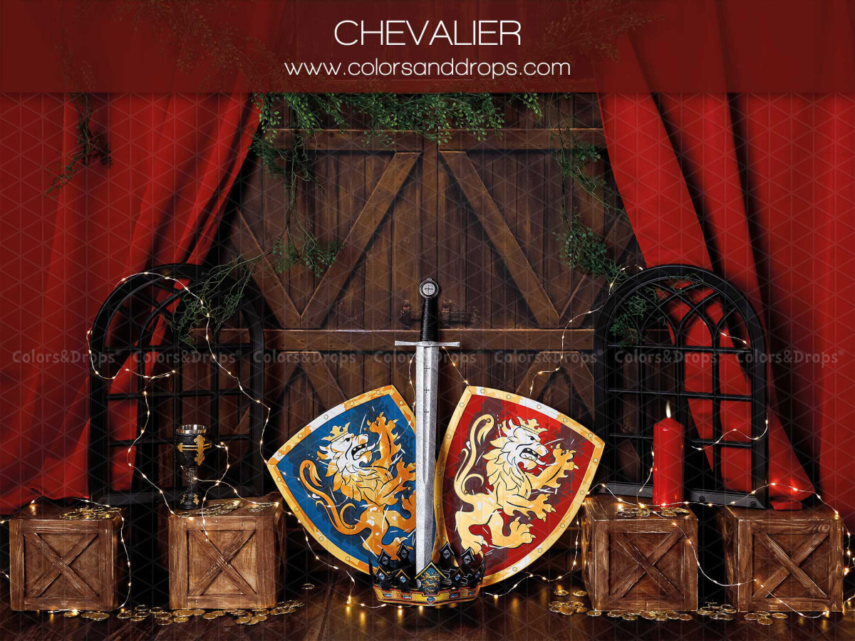 Fond photo bébé et smash cake Chevalier – décor chevalier avec boucliers, épée et rideaux rouges | Colors&Drops