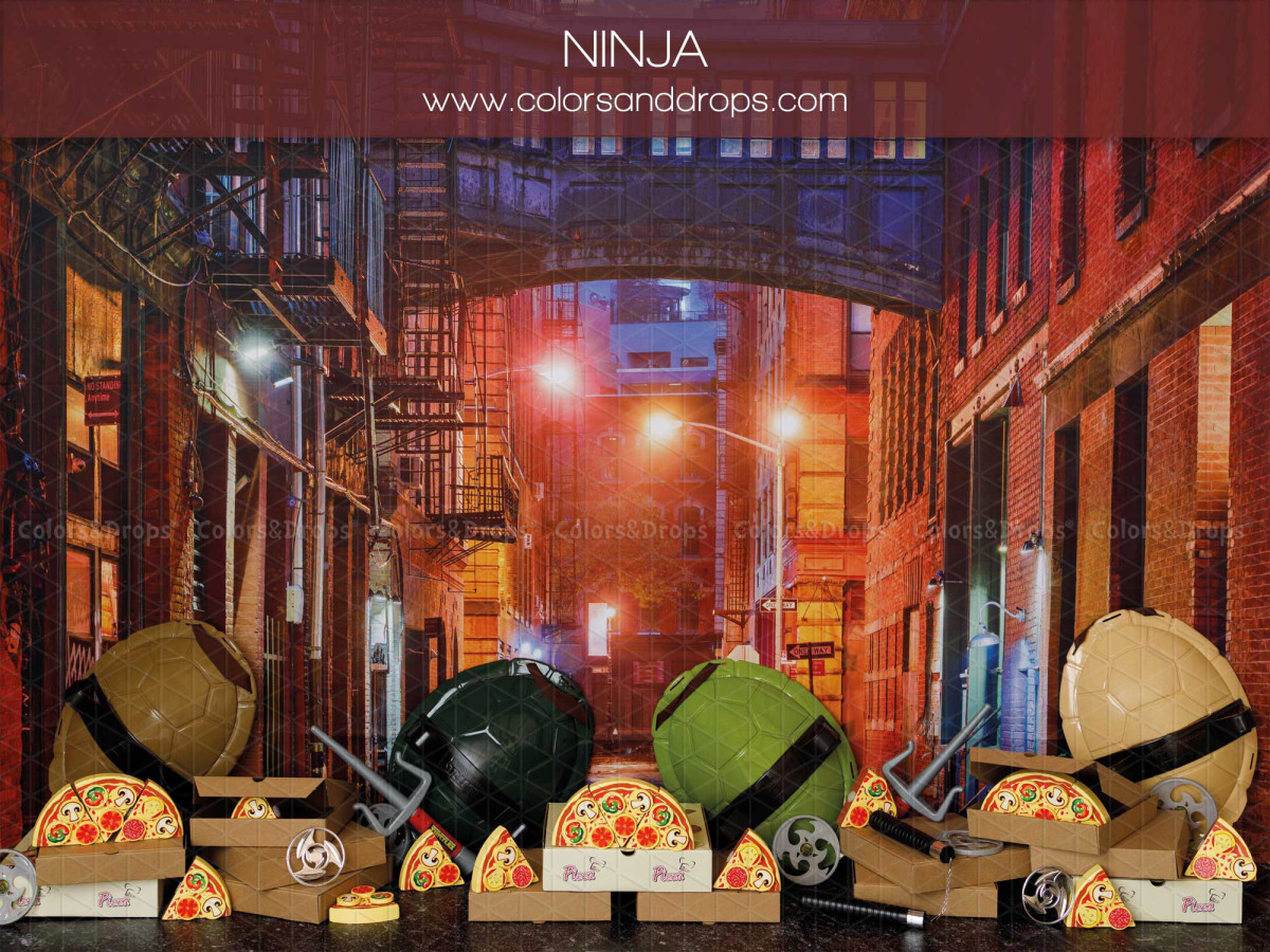 Fond photo bébé et smash cake Ninja – ruelle urbaine de nuit avec pizzas et carapaces de tortues ninja | Colors&Drops