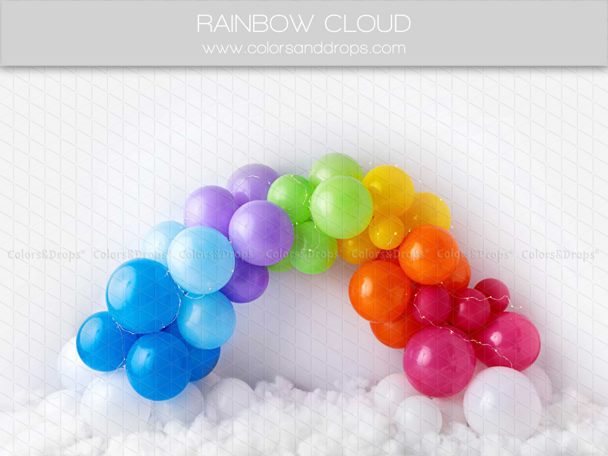 Fondo fotográfico de bebé y smash cake Rainbow Cloud – arco de globos arcoíris sobre nubes | Colors&Drops