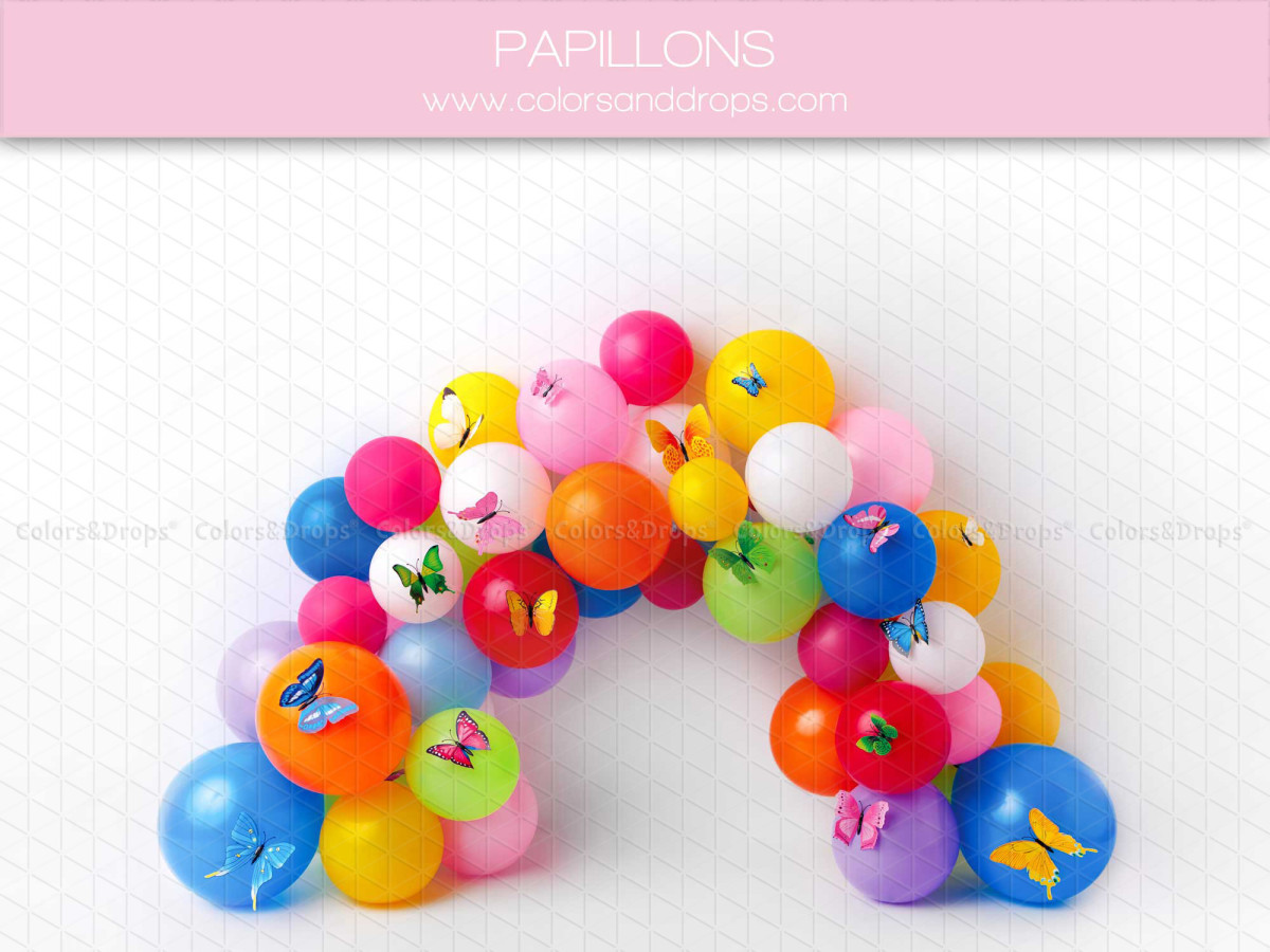 Baby & cake smash photo backdrop Papillons – multicoloured balloon arch with butterflies | Colors&Drops