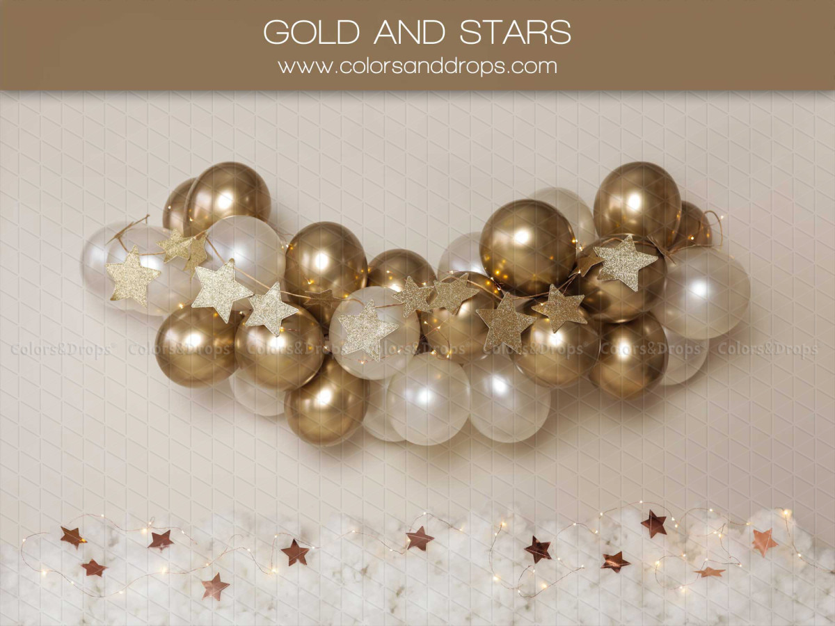 Fondo fotográfico de bebé y smash cake Gold and Stars – guirnalda de globos dorados y blancos con estrellas | Colors&Drops