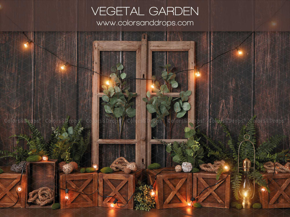 Baby & cake smash photo backdrop Vegetal Garden – wooden window with green plants and crates | Colors&Drops