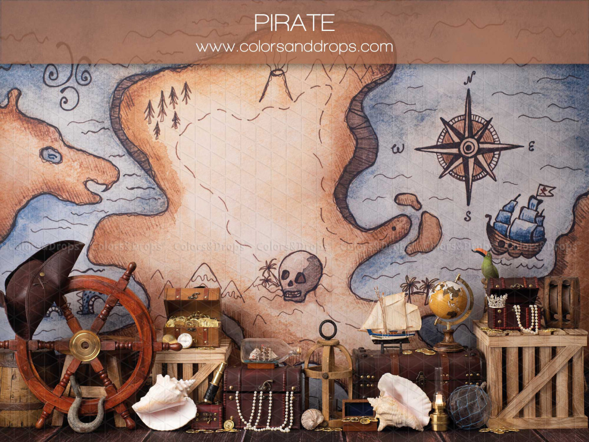 Fond photo bébé et smash cake Pirate – carte au trésor pirate avec gouvernail et coffre | Colors&Drops