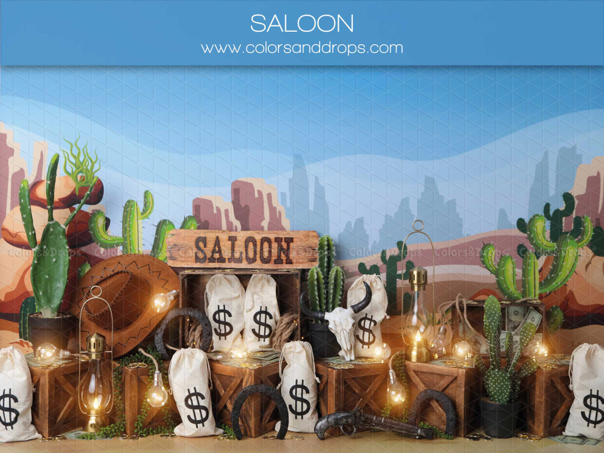 Fond photo bébé et smash cake Saloon – décor saloon western avec cactus et sacs d'argent | Colors&Drops
