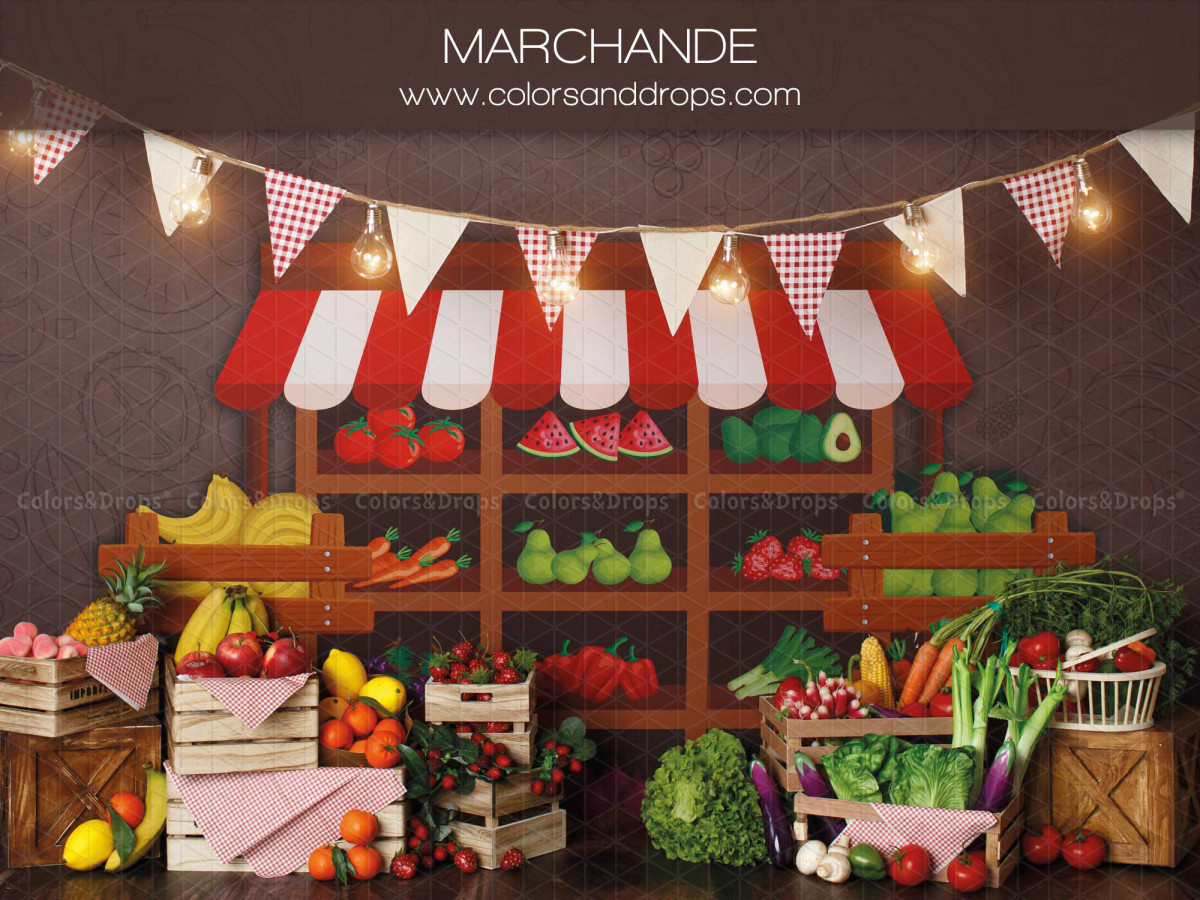 Baby & cake smash photo backdrop Marchande – fruit and vegetable market stall with bunting | Colors&Drops