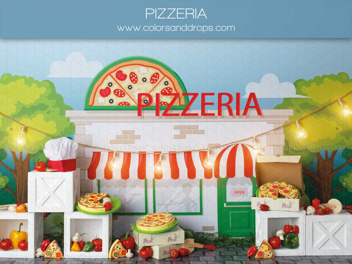 Fond photo bébé et smash cake Pizzeria – pizzeria illustrée avec pizzas et cubes blancs | Colors&Drops
