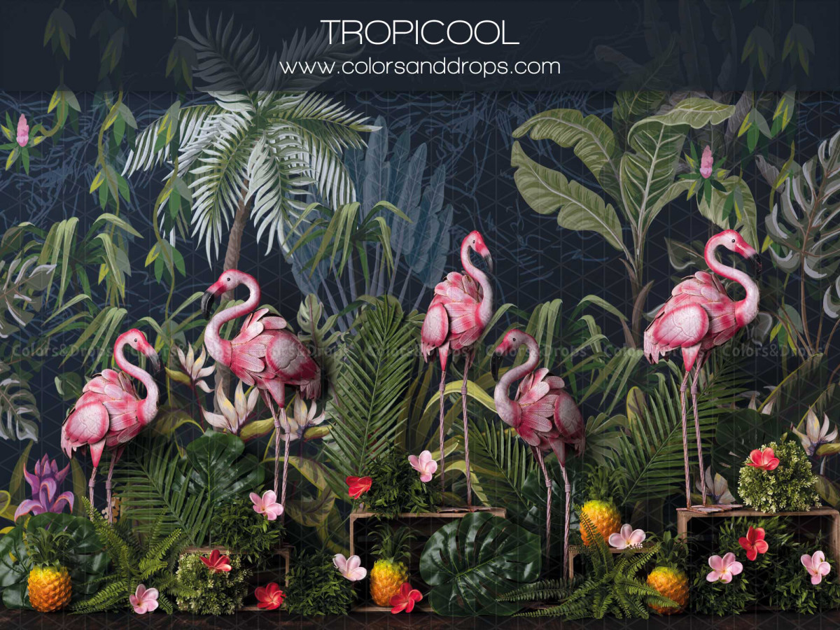 Baby & cake smash photo backdrop Tropicool – tropical jungle with pink flamingos | Colors&Drops