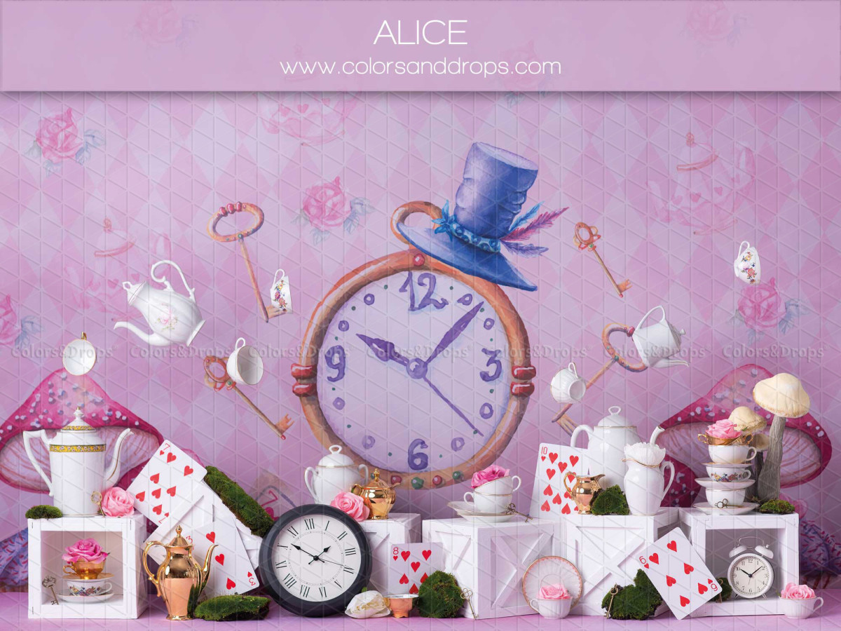 Baby & cake smash photo backdrop Alice – alice in Wonderland set with clock and cards | Colors&Drops