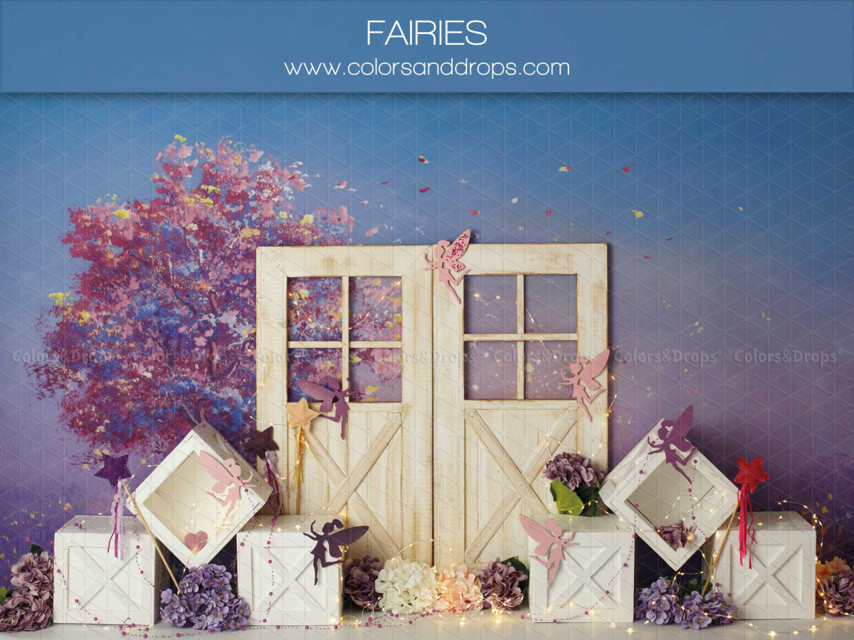 Baby & cake smash photo backdrop Fairies – wooden doors and purple tree with flowered cubes | Colors&Drops