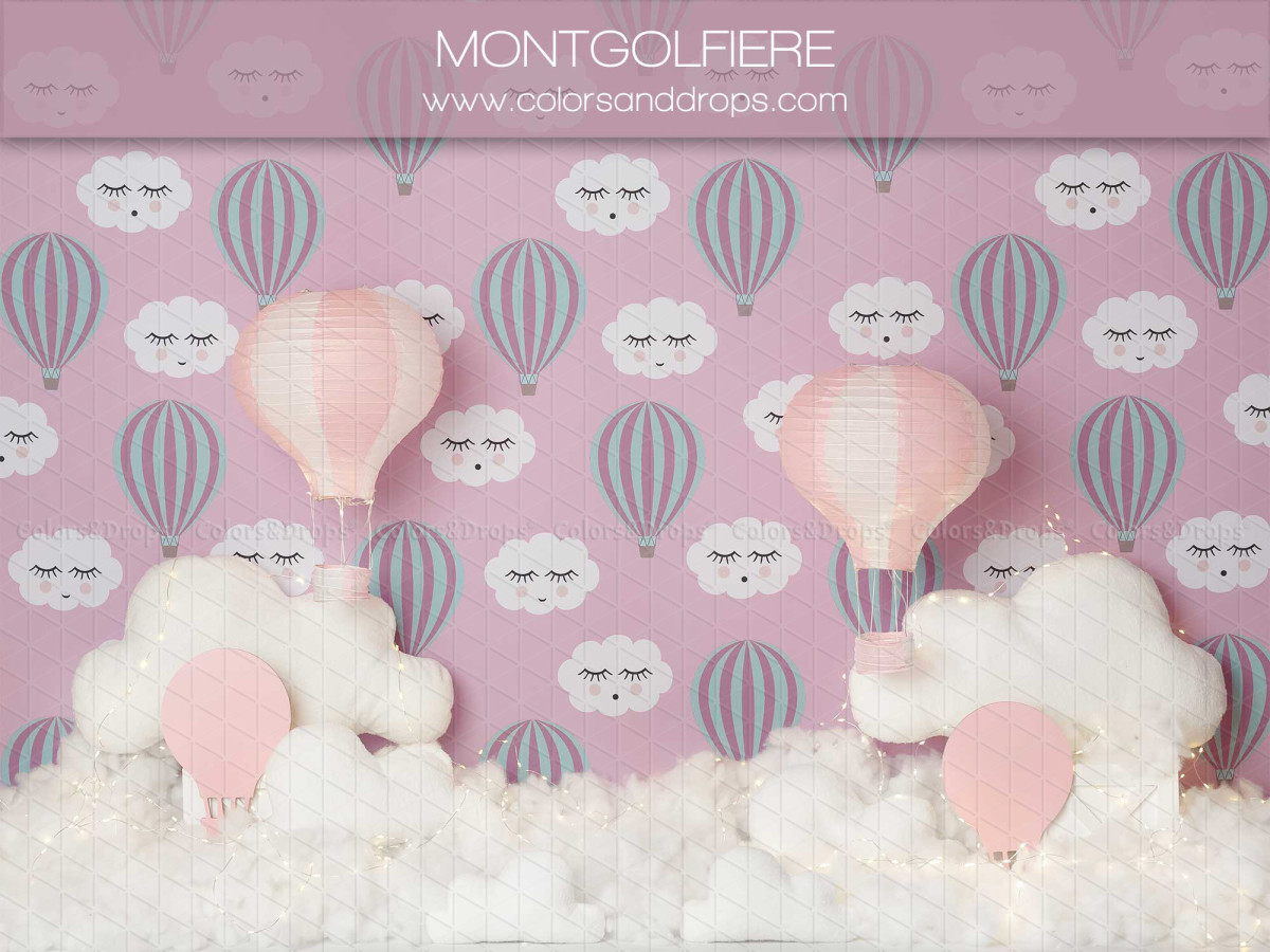 Fondo fotográfico de bebé y smash cake Montgolfiere – globos aerostáticos y nubes sobre rosa | Colors&Drops