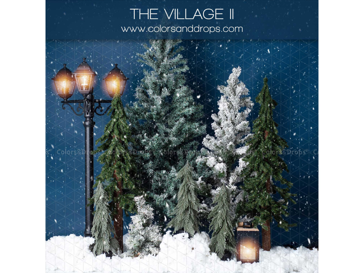 Fondo fotográfico lateral de Navidad The Village II – bosque de abetos nevados con farolas | Colors&Drops