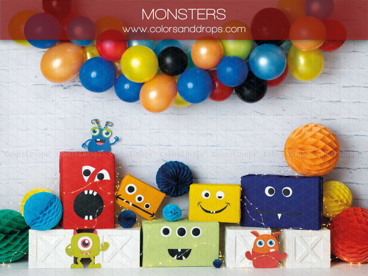 Fond photo bébé et smash cake Monsters – décor monstres colorés avec ballons | Colors&Drops