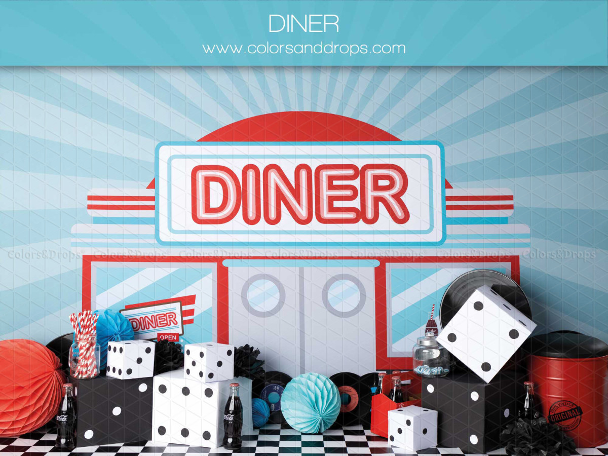 Baby & cake smash photo backdrop Dinner – retro American diner with dice and checkerboard | Colors&Drops