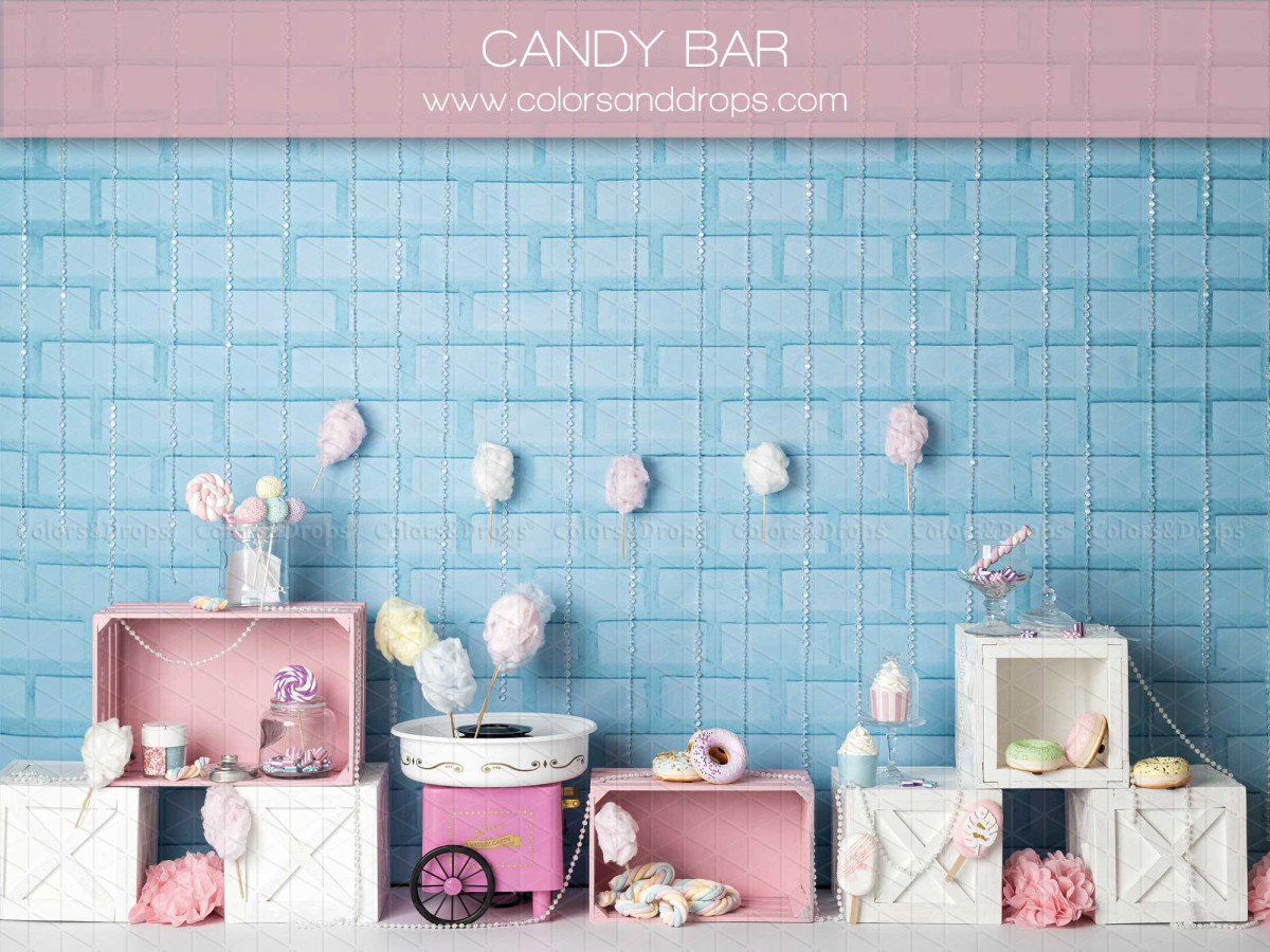 Baby & cake smash photo backdrop Candy Bar – candy bar with pink crates by blue brick wall | Colors&Drops