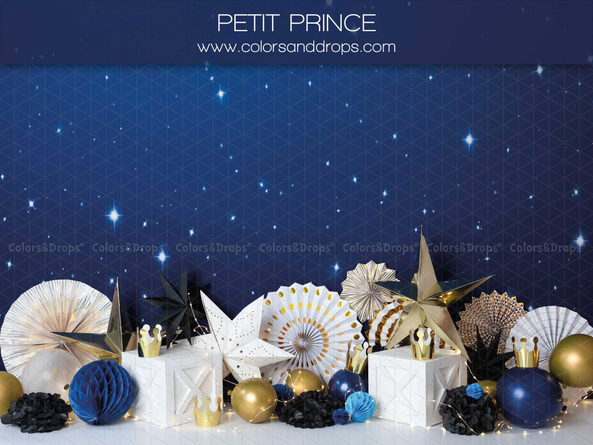 Baby & cake smash photo backdrop Petit Prince – starry sky with paper fans and gold stars | Colors&Drops