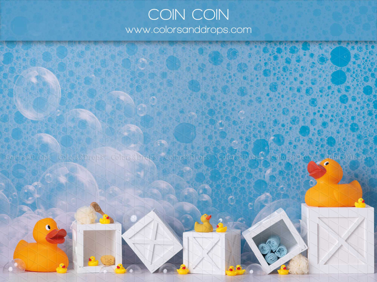 Fond photo bébé et smash cake Coin Coin – bulles de bain et canards jaunes sur fond bleu | Colors&Drops
