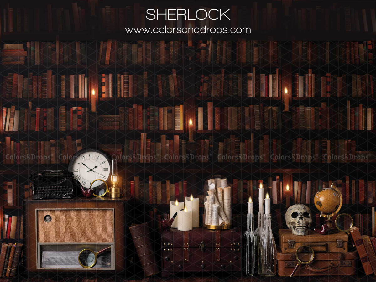 Baby & cake smash photo backdrop Sherlock – library with vintage radio, clock and skull | Colors&Drops