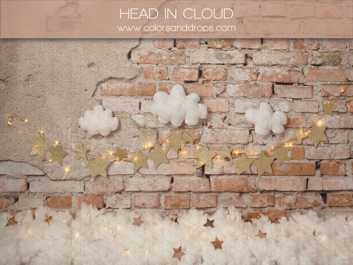 Baby & cake smash photo backdrop Head in Cloud – brick wall with clouds and gold stars | Colors&Drops