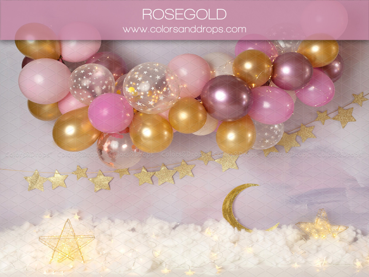Baby & cake smash photo backdrop Rosegold – rose gold balloons and gold stars on clouds | Colors&Drops