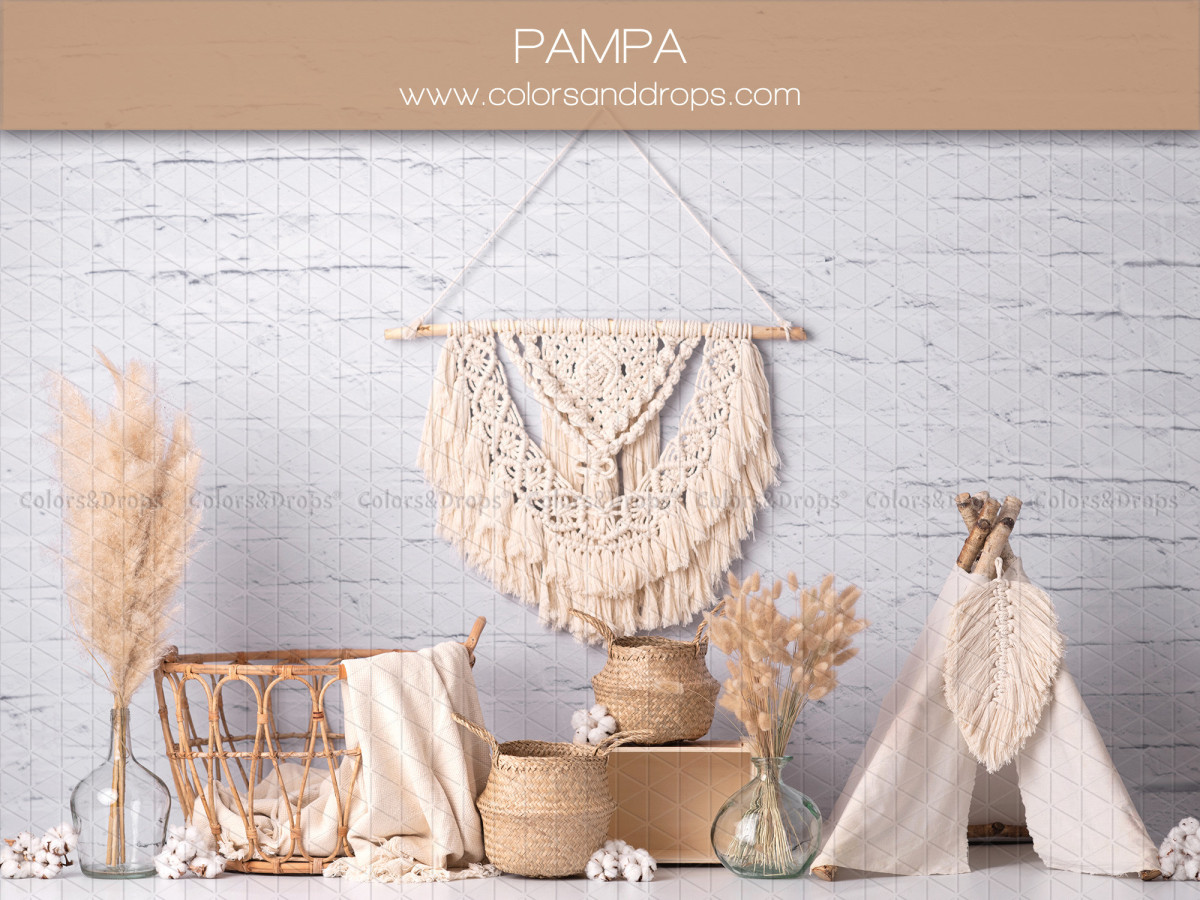 Fond photo bébé et smash cake Pampa – décor bohème avec macramé, pampa et tipi | Colors&Drops