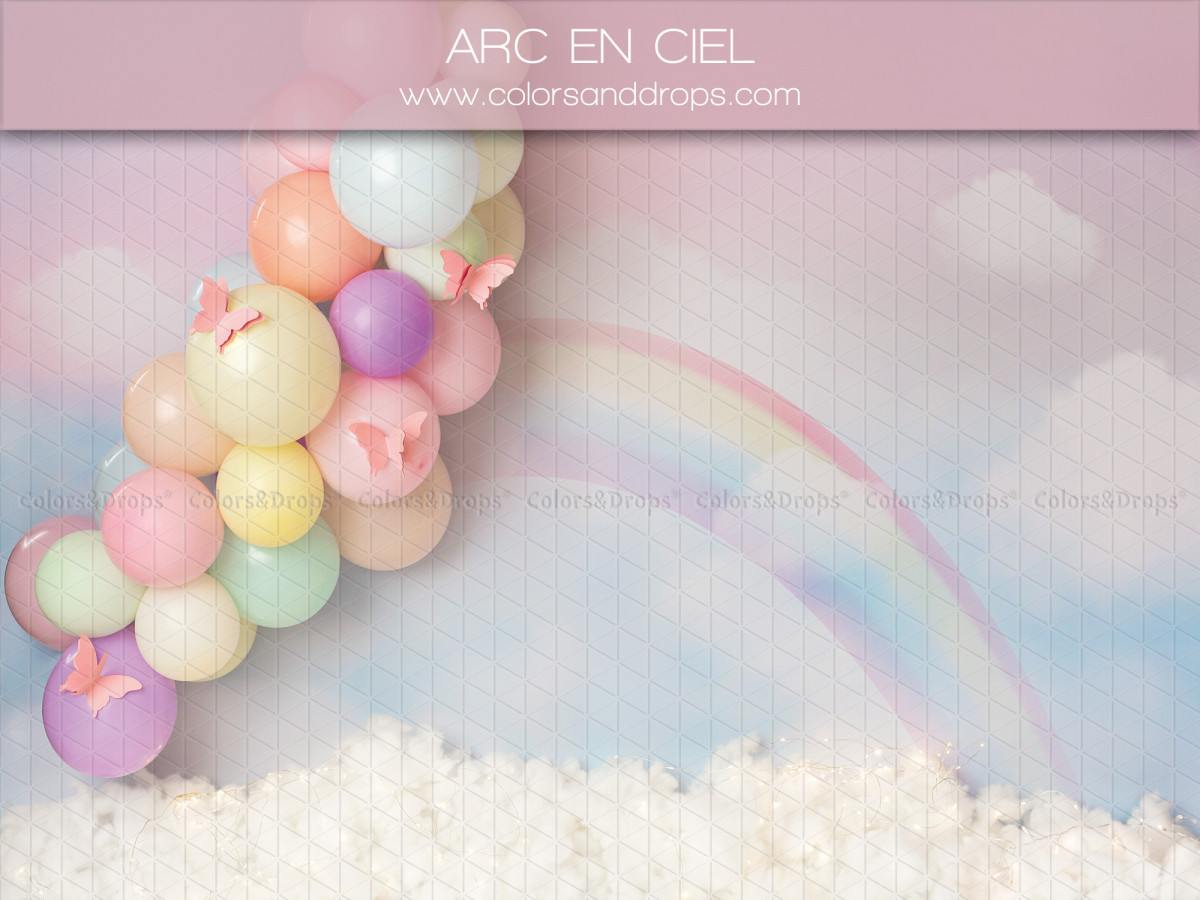 Baby & cake smash photo backdrop Arc en Ciel – rainbow and pastel balloons on clouds | Colors&Drops