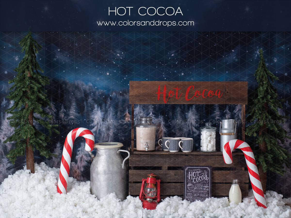 Christmas photo backdrop Hot Cocoa – hot chocolate stand in a snowy forest | Colors&Drops