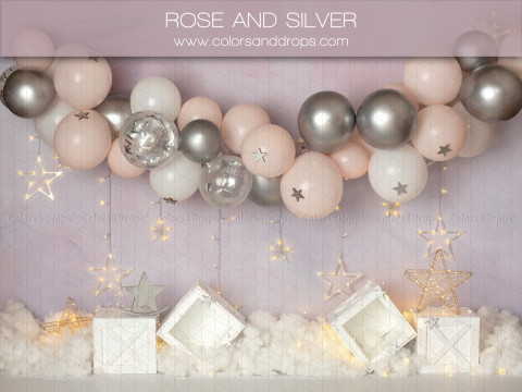 Fondo fotográfico de bebé y smash cake Rose and Silver – guirnalda de globos rosas y plateados con estrellas | Colors&Drops