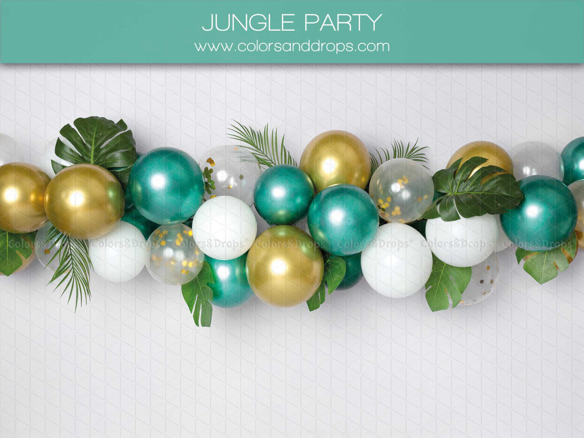 Baby & cake smash photo backdrop Jungle Party – gold and green balloon garland with leaves | Colors&Drops